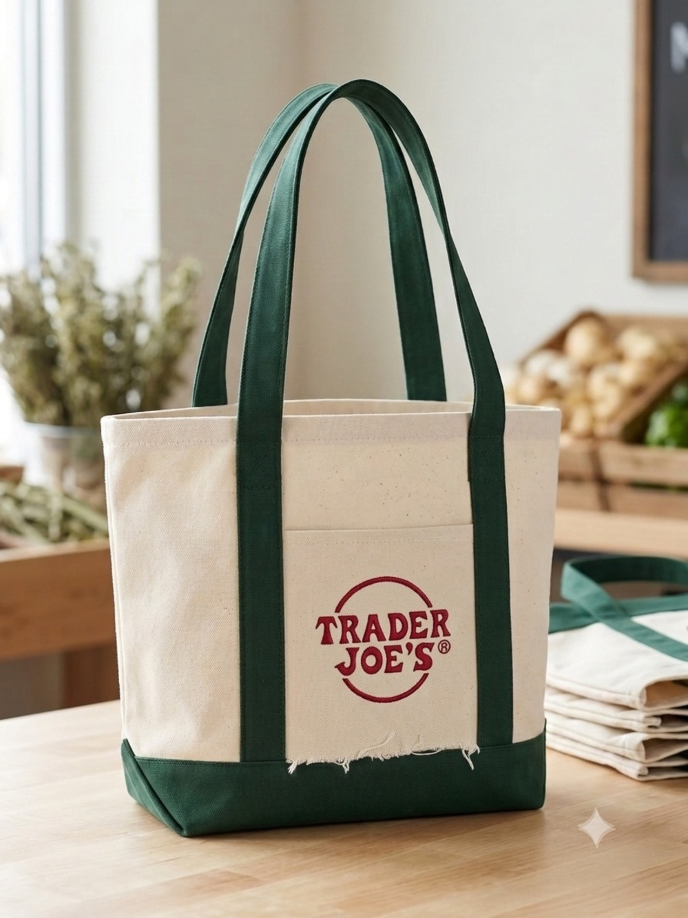Trader Joes Mini Tote Bag - Side Rip - Dark Green